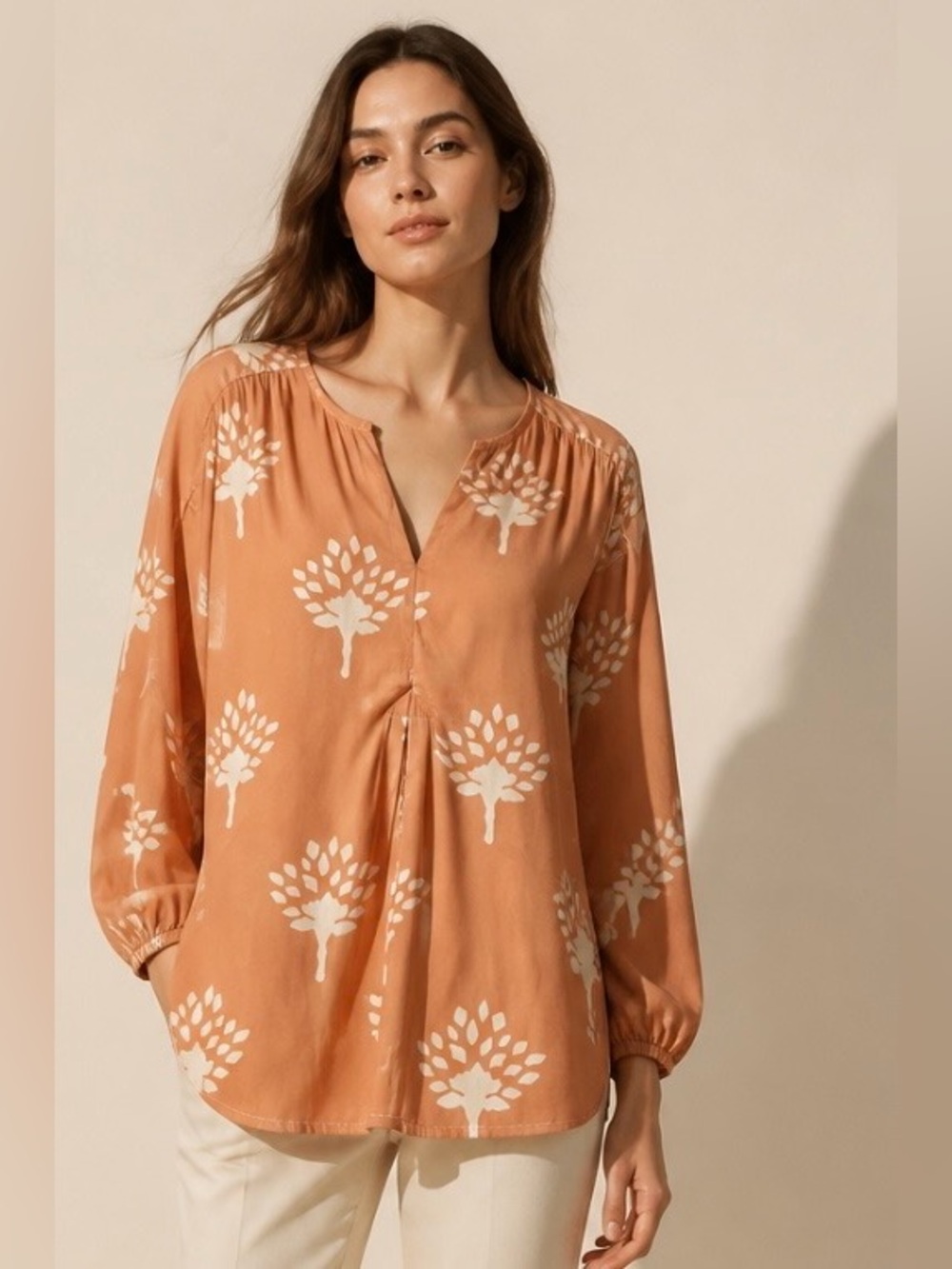 DOLAN Anthropologie Blouse Mixed Media Orange Ivory V Neck Pleated Short Sleeve